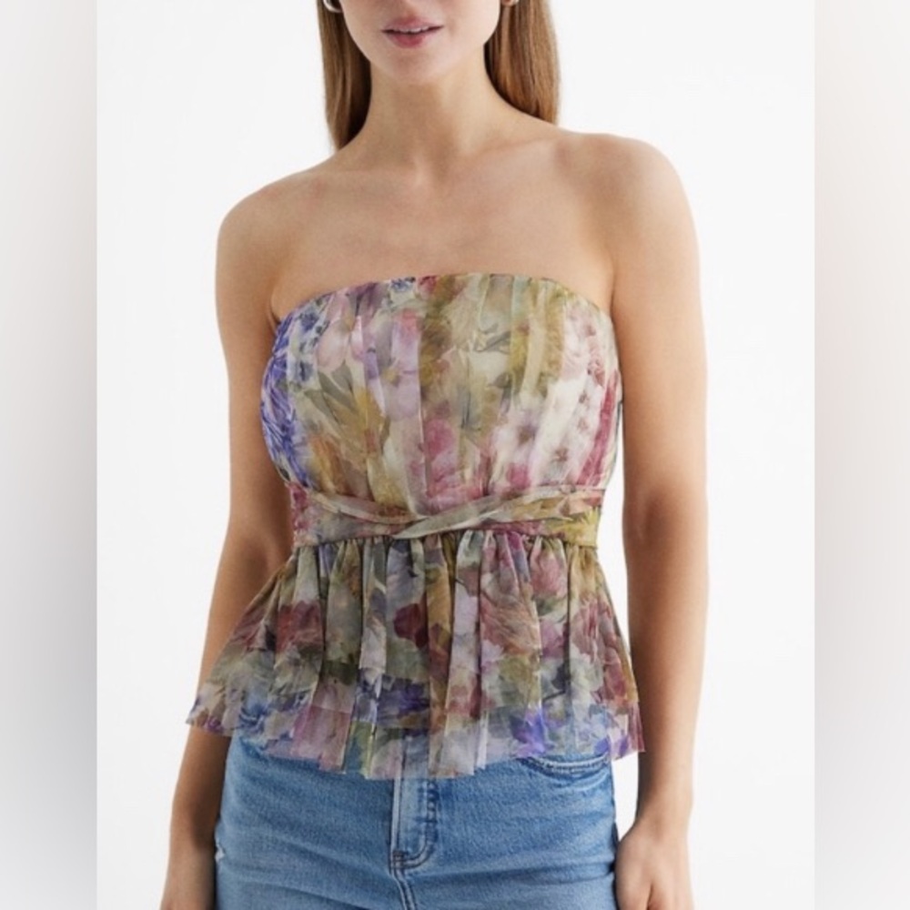Express Romantic Floral Strapless Peplum Top in Multicolor Tulle Small